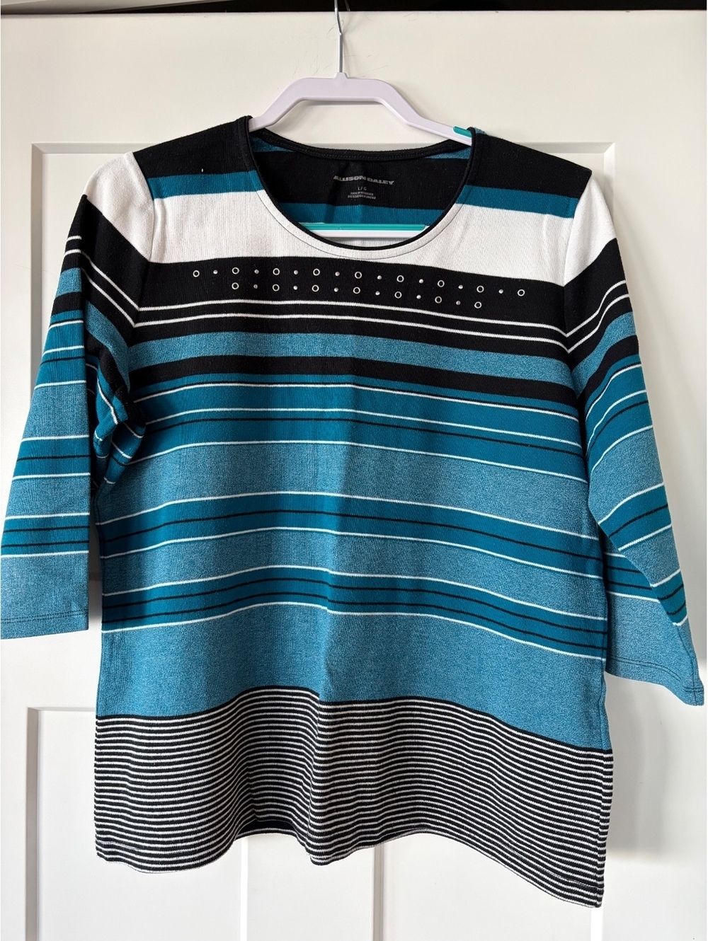 Allison Daley Striped Embellished Top Size L Blue Black White 3/4 Sleeve